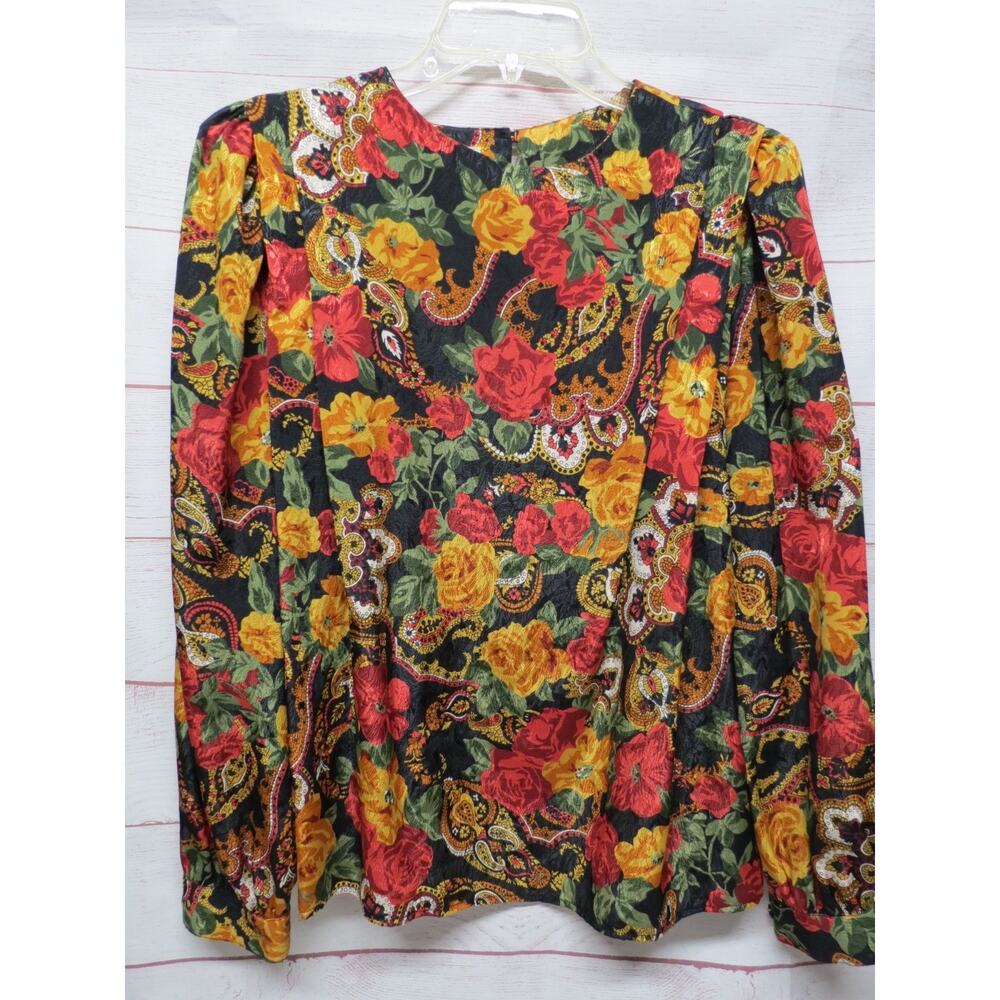 Vintage Eva Laurel New York Size 10 Floral Long Sleeve Pleated Blouse Red Orange